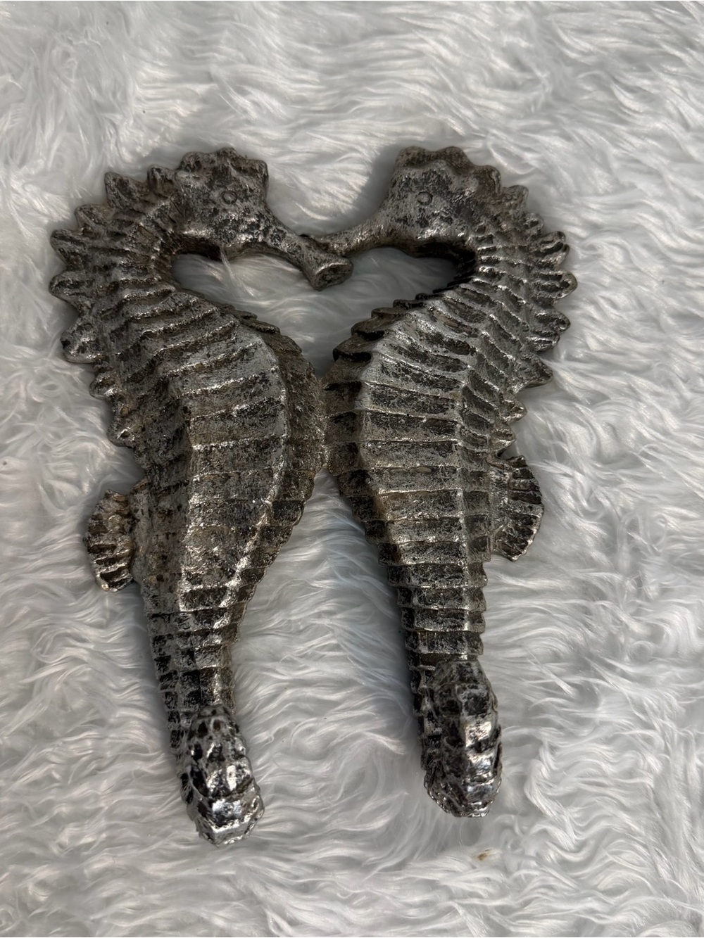 Nautical Decor: Silver Cast Iron Double Seahorse Wall Hook - Heart Shape